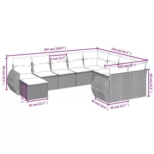 10 részes szürke polyrattan kerti ülőgarnitúra párnákkal