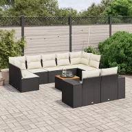   10 részes fekete polyrattan kerti ülőgarnitúra párnákkal