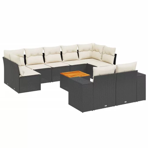 10 részes fekete polyrattan kerti ülőgarnitúra párnákkal