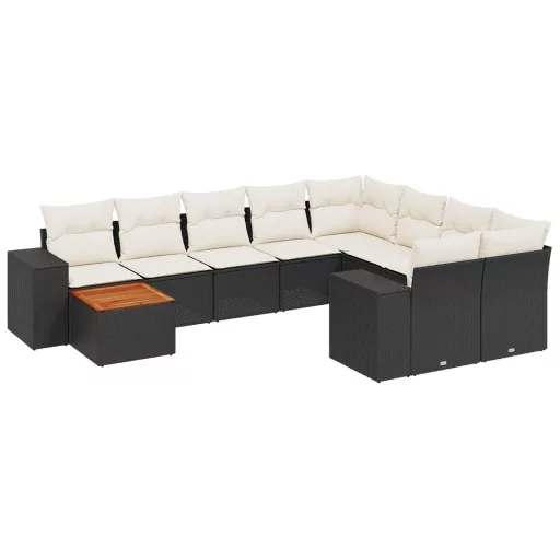 10 részes fekete polyrattan kerti ülőgarnitúra párnákkal