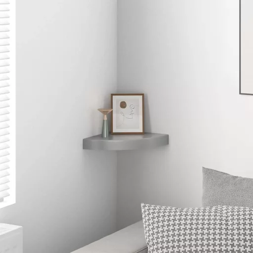 Magasfényű szürke MDF lebegő sarokpolc 25 x 25 x 3,8 cm