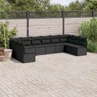   10 részes fekete polyrattan kerti ülőgarnitúra párnákkal