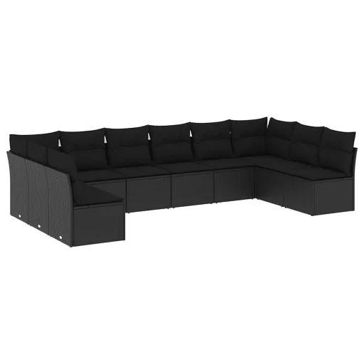 10 részes fekete polyrattan kerti ülőgarnitúra párnákkal