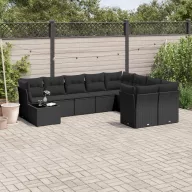   10 részes fekete polyrattan kerti ülőgarnitúra párnákkal