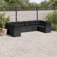   10 részes fekete polyrattan kerti ülőgarnitúra párnákkal