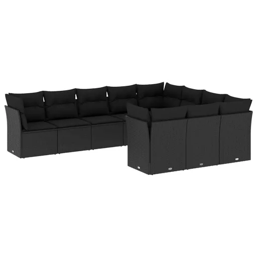10 részes fekete polyrattan kerti ülőgarnitúra párnákkal