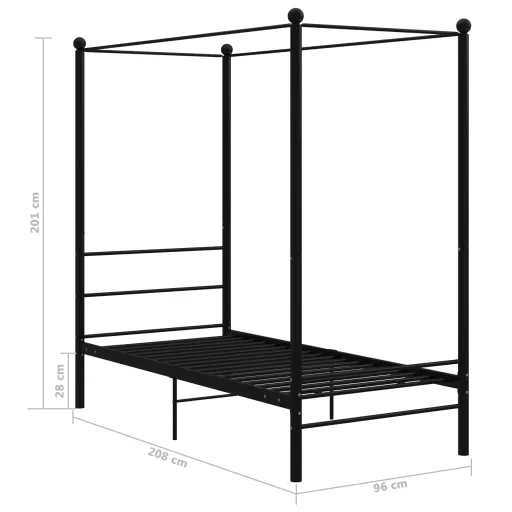 Fekete fém baldachinos ágykeret 90 x 200 cm