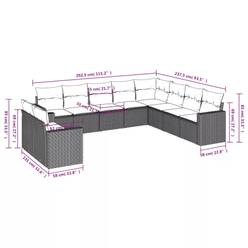 10 részes szürke polyrattan kerti ülőgarnitúra párnákkal
