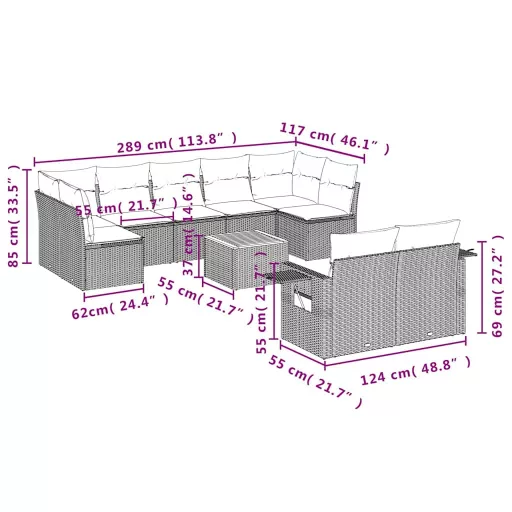 10 részes szürke polyrattan kerti ülőgarnitúra párnákkal