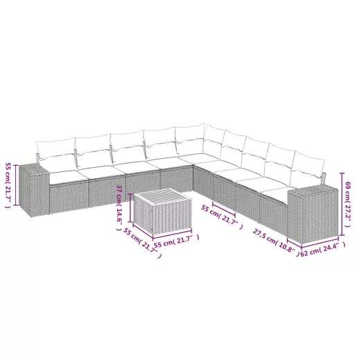 10 részes szürke polyrattan kerti ülőgarnitúra párnákkal