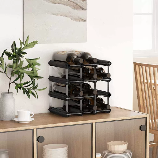Fekete tömör fenyőfa bortartó állvány 12 palackhoz
