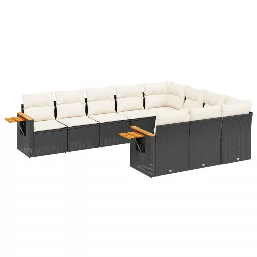 10 részes fekete polyrattan kerti ülőgarnitúra párnákkal