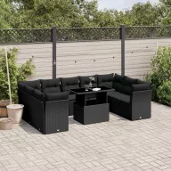   10 részes fekete polyrattan kerti ülőgarnitúra párnákkal