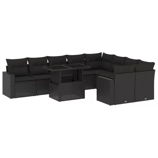 10 részes fekete polyrattan kerti ülőgarnitúra párnákkal