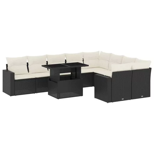 10 részes fekete polyrattan kerti ülőgarnitúra párnákkal