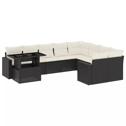 10 részes fekete polyrattan kerti ülőgarnitúra párnákkal