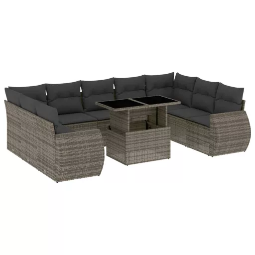 10 részes szürke polyrattan kerti ülőgarnitúra párnákkal