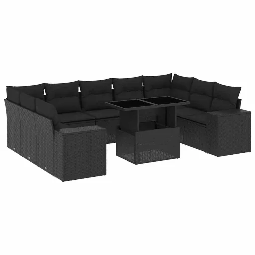 10 részes fekete polyrattan kerti ülőgarnitúra párnákkal