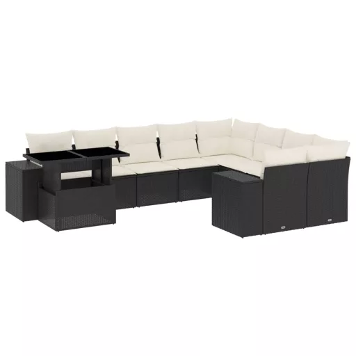 10 részes fekete polyrattan kerti ülőgarnitúra párnákkal