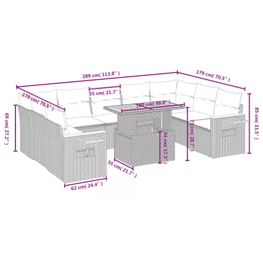 10 részes bézs polyrattan kerti ülőgarnitúra párnával