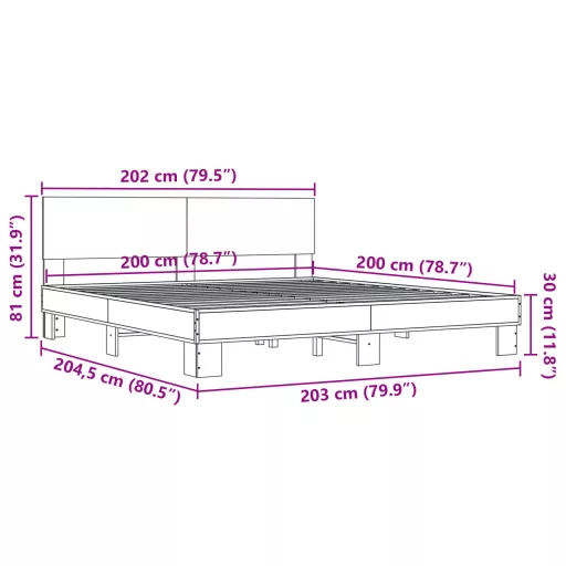 Barna tölgyszínű szerelt fa és fém ágykeret 200 x 200 cm