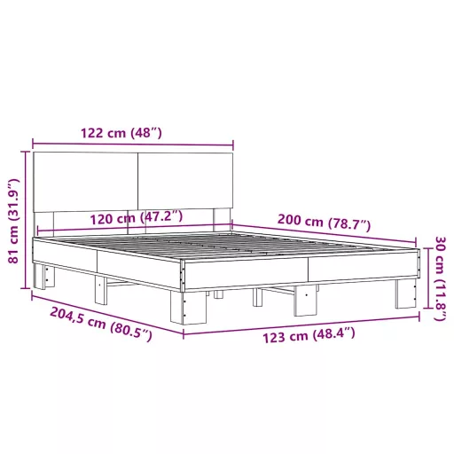 Barna tölgyszínű szerelt fa és fém ágykeret 120 x 200 cm