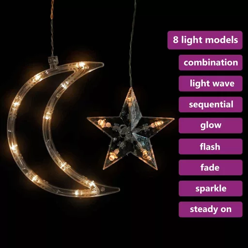138 meleg fehér LED-es csillag és hold fényfüzér távirányítóval