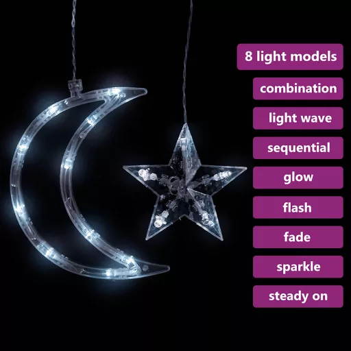 138 hideg fehér LED-es csillag és hold fényfüzér távirányítóval