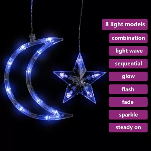 Csillag és hold fényfüzér 138 kék LED-del és távirányítóval
