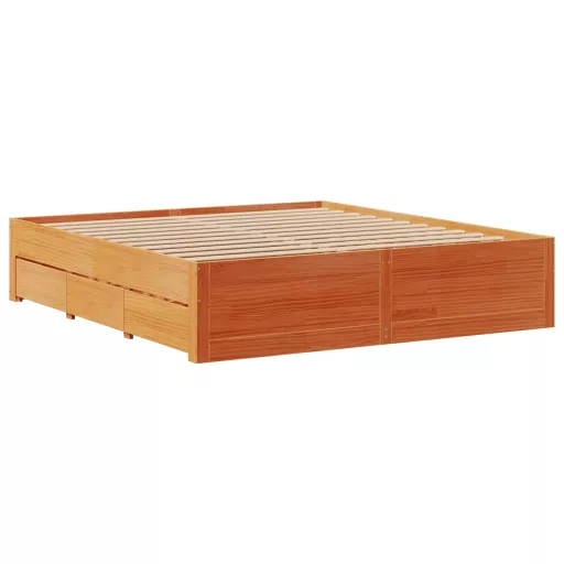 Barna tömör fenyőfa fiókos ágykeret matrac nélkül 180 x 200 cm