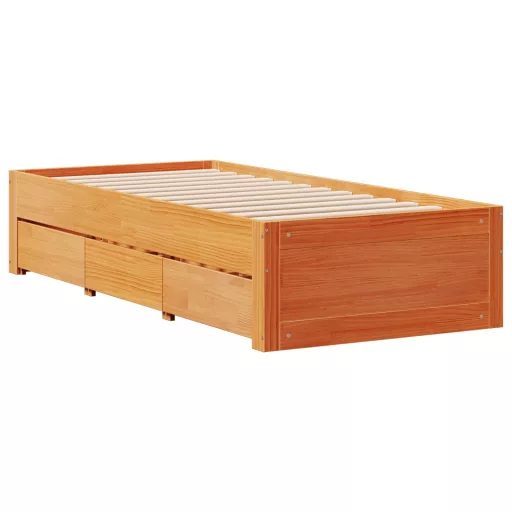 Barna tömör fenyőfa fiókos ágykeret matrac nélkül 100 x 200 cm