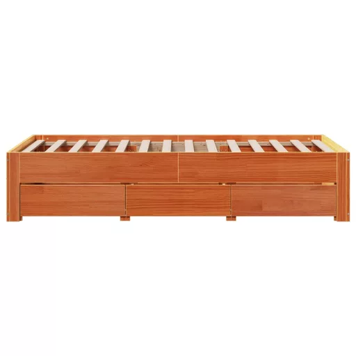 Barna tömör fenyőfa fiókos ágykeret matrac nélkül 100 x 200 cm