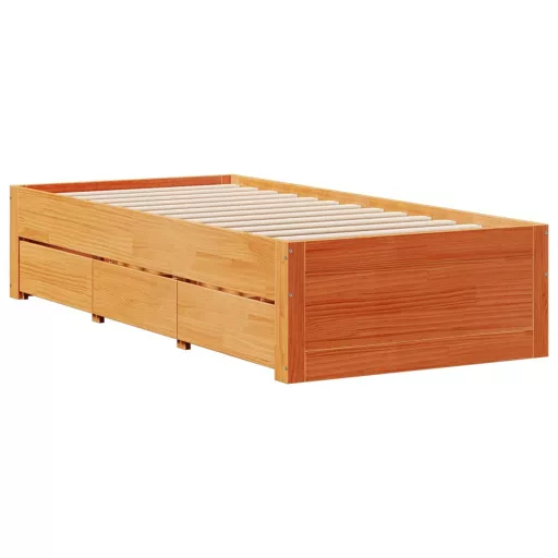 Barna tömör fenyőfa fiókos ágykeret matrac nélkül 100 x 200 cm