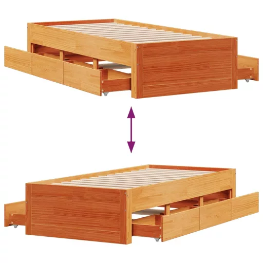 Barna tömör fenyőfa fiókos ágykeret matrac nélkül 100 x 200 cm