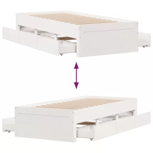 Fehér tömör fenyőfa fiókos ágykeret matrac nélkül 90 x 200 cm