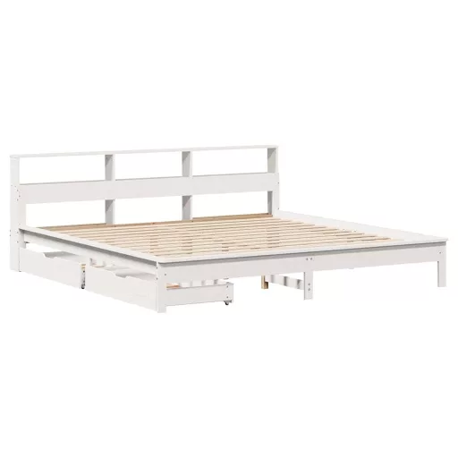 Fehér tömör fenyőfa könyvespolcos ágy matrac nélkül 200x200 cm