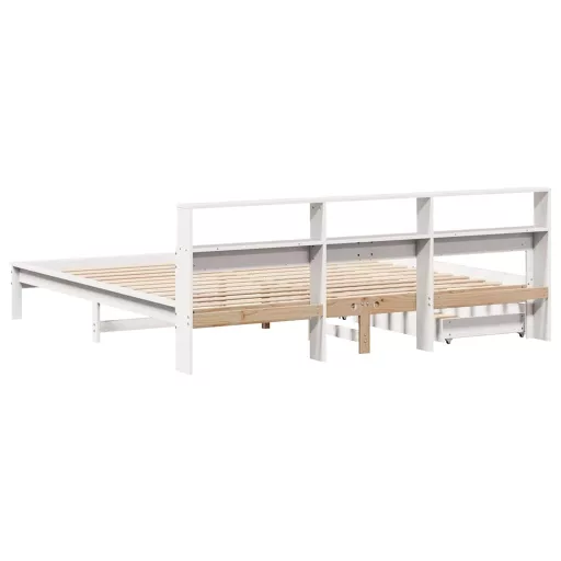 Fehér tömör fenyőfa könyvespolcos ágy matrac nélkül 200x200 cm