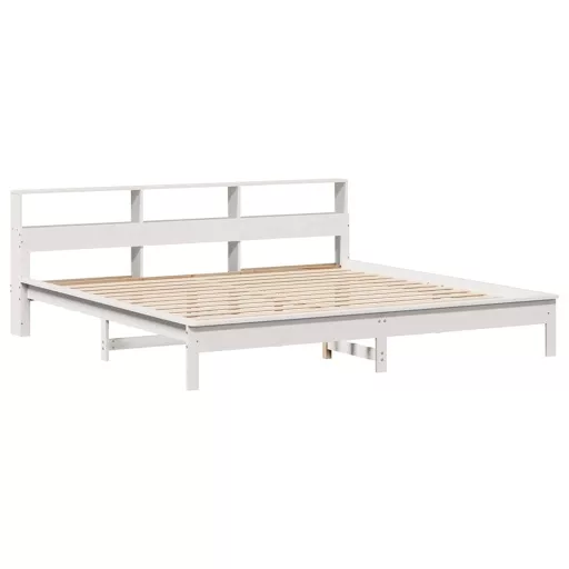 Fehér tömör fenyőfa könyvespolcos ágy matrac nélkül 200x200 cm
