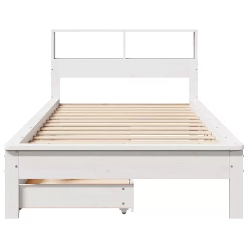 Fehér tömör fenyőfa könyvespolcos ágy matrac nélkül 90 x 200 cm