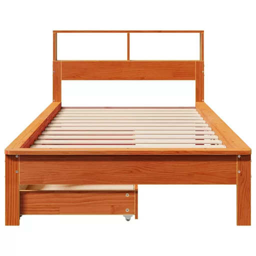Barna tömör fenyőfa könyvespolcos ágy matrac nélkül 90 x 200 cm