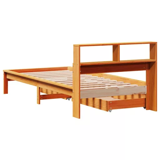 Barna tömör fenyőfa könyvespolcos ágy matrac nélkül 90 x 200 cm