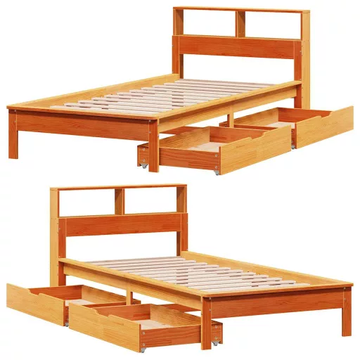 Barna tömör fenyőfa könyvespolcos ágy matrac nélkül 90 x 200 cm