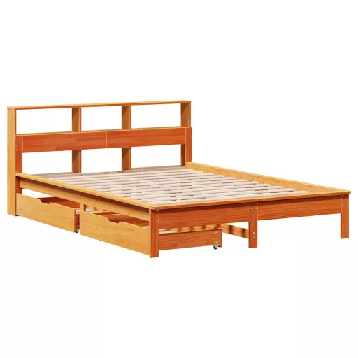 Barna tömör fenyőfa könyvespolcos ágy matrac nélkül 140 x 190cm
