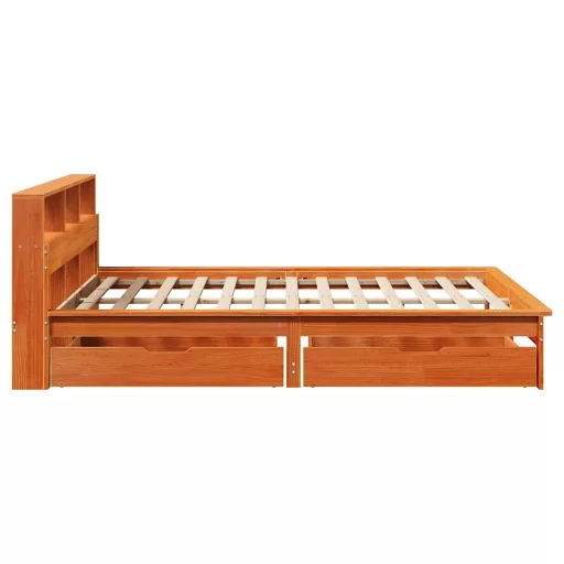 Barna tömör fenyőfa könyvespolcos ágy matrac nélkül 140 x 190cm