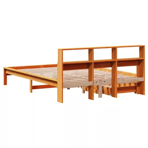 Barna tömör fenyőfa könyvespolcos ágy matrac nélkül 120 x 190cm