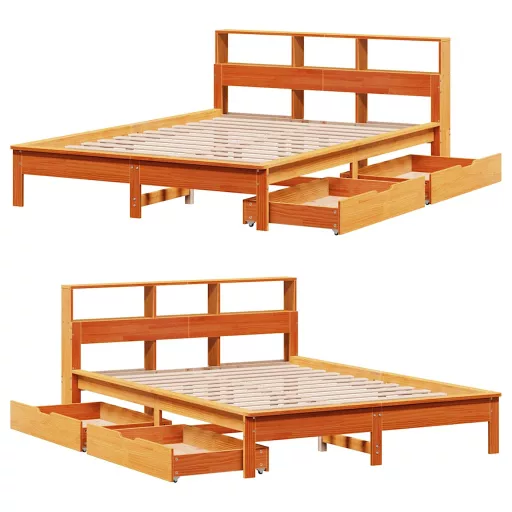 Barna tömör fenyőfa könyvespolcos ágy matrac nélkül 120 x 190cm