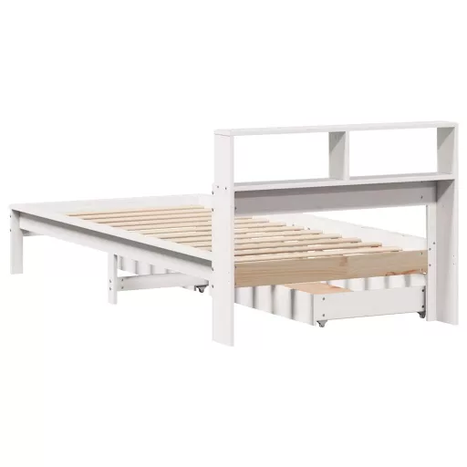 Fehér tömör fenyőfa könyvespolcos ágy matrac nélkül 90 x 190 cm