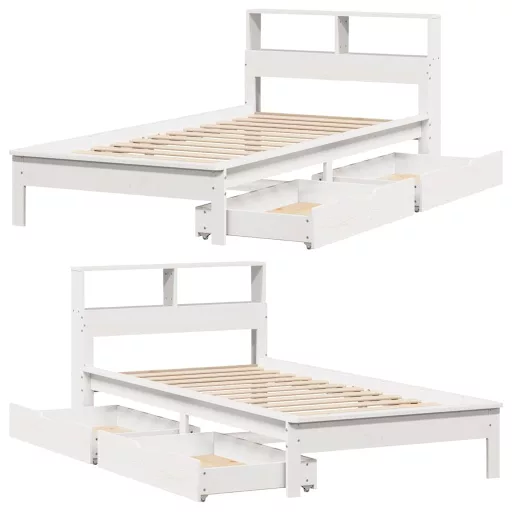 Fehér tömör fenyőfa könyvespolcos ágy matrac nélkül 90 x 190 cm
