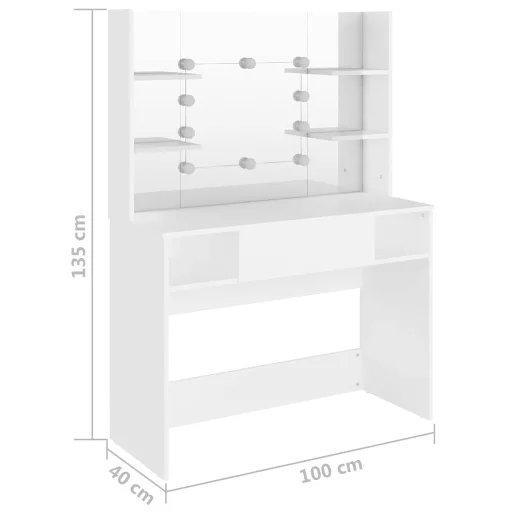 Fehér LED-es MDF sminkasztal 100 x 40 x 135 cm