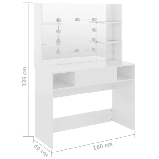 Fényes fehér LED-es MDF sminkasztal 100 x 40 x 135 cm